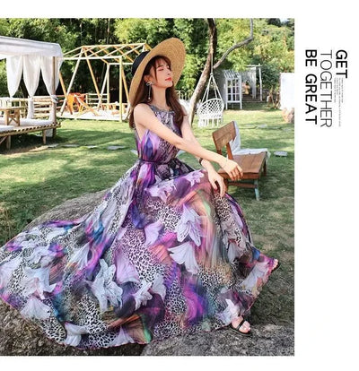 2023 New Floral Summer Sleevelss Suspender Maxi Dress for Women Sexy Backless Beach Purple Boho Robe Femme Sundress Dress Photo
