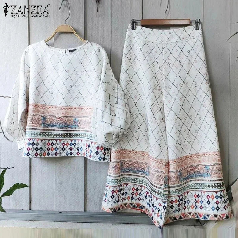 ZANZEA Fashion Women Tracksuits Summer Loose Matching Sets Bohemain Floral Printed Blouse Wide Leg Pant Sets 2pcs Work Outfits