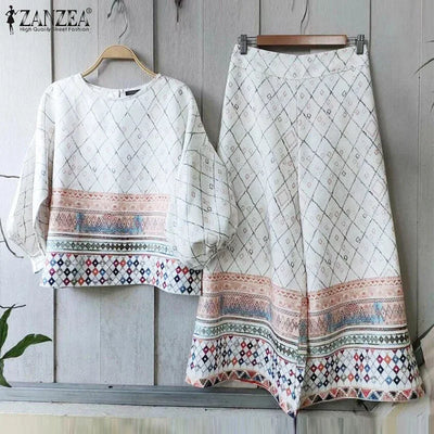 ZANZEA Fashion Women Tracksuits Summer Loose Matching Sets Bohemain Floral Printed Blouse Wide Leg Pant Sets 2pcs Work Outfits