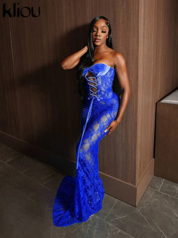 kliou Lace Patchwork Women Maxi Dress Sexy Coquette Drawstring Wrapped Chest Body-shaping Vestidos Female Stunning Clubwear Robe