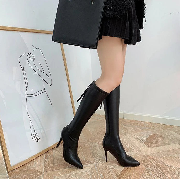 Women's Boots Elegant Heeled Long Footwear Winter Knee High Shaft Heels Shoes for Woman Pointed Toe Tassel Chic Fashion 2024 Hot