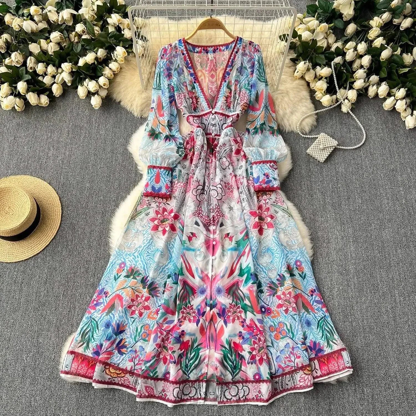 Summer Gorgeous Flower Dress Women Chiffon Clothing Sexy Deep V Neck Single Breasted Floral Print Beach Boho Long Robe Vestidos