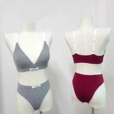 Women Cotton Bra And Panties Set Low Rise Briefs Panties Non-Wire Vneck Bras Sexy Lingerie Push Up Brassiere Female Underwear