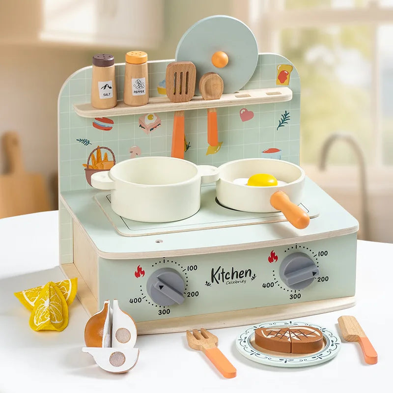 Wooden Mini Kitchen Set Toys Simulation Tableware Stove Cooking Utensils Kids Role-playing Hands-on Ability Interactive Games
