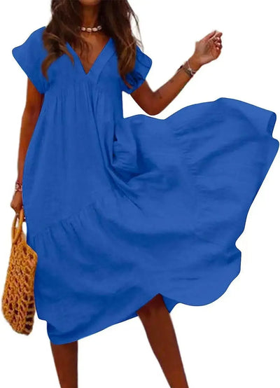 Cotton Linen Sexy V-neck Short Dress Summer New Women's Solid Color Multi-color Casual Loose Short Sleeved Mid Length Dress