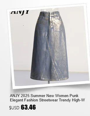 ANJY Autumn New Women Chic Two-Piece Set Studded Diamonds Streetwear Denim Shirt Drawstring Straight Elegant Casual Pants  A9654