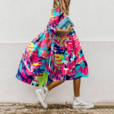 Women's Summer New Mid Sleeve Round Neck Fashionable Printed Bohemian Seven Sleeve Casual Loose Dress For Women