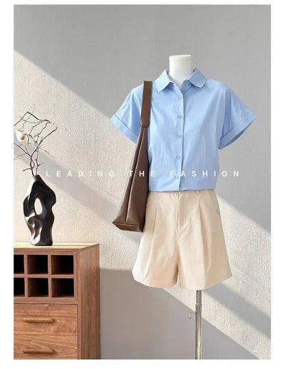 Women Clothing Summer Fashion Casual Button Solid Color Polo Collar Female Simplicity Temperament Appear Thin Short Sleeve Tops