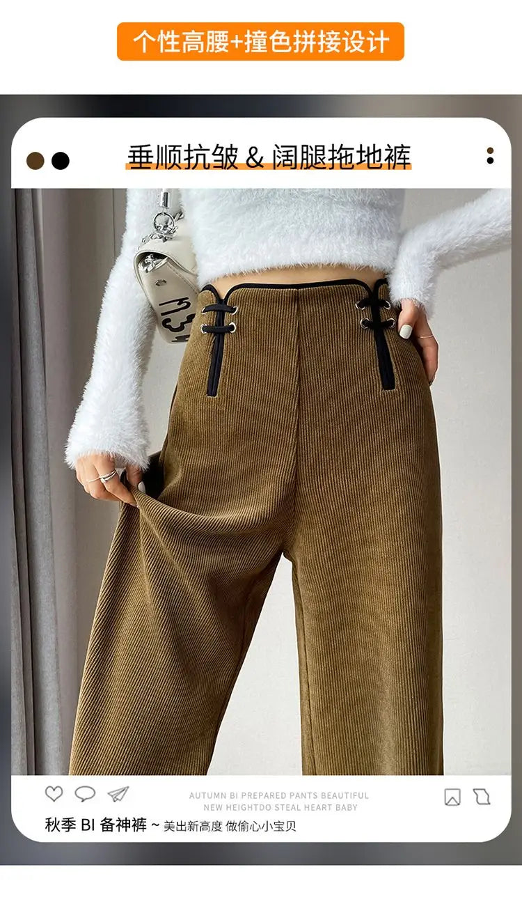 Women's Wide-leg Pants Autumn Winter Trousers New Chinese Style Folding High Waist Drooping Casual
