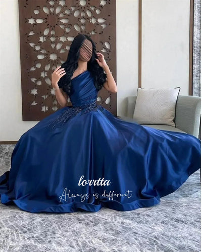 Luxury Woman Women's Evening Dress Dark Blue Satin Glitter Trim Line A Graduation Dresses Party Elegant Prom Wedding Customized