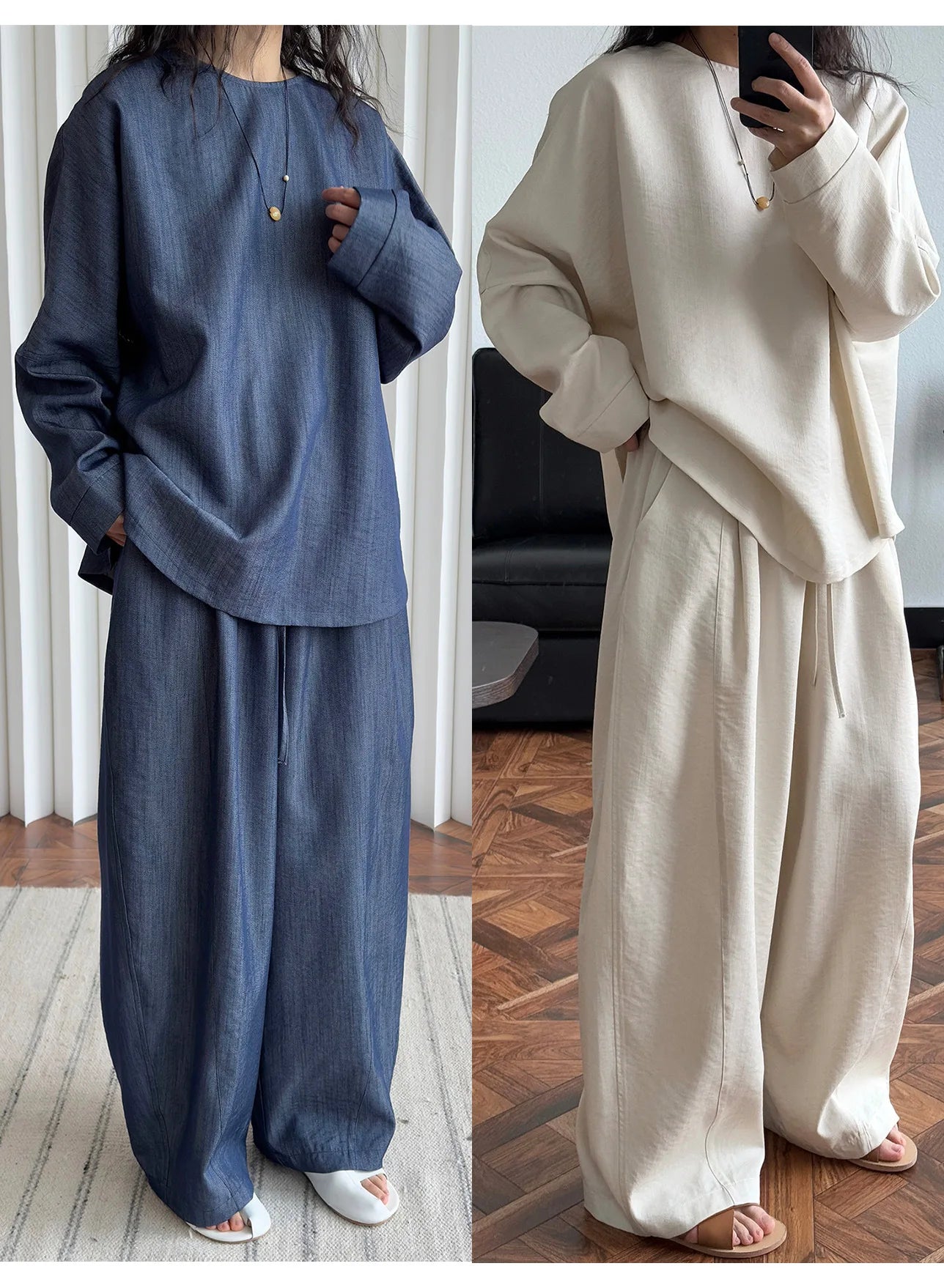 2025 Women Spring Two Pieces Suits Long Sleeve Cotton Blouses With Long Pants Wide Leg Two Pieces Sets Boho Suits Ladies Outfits