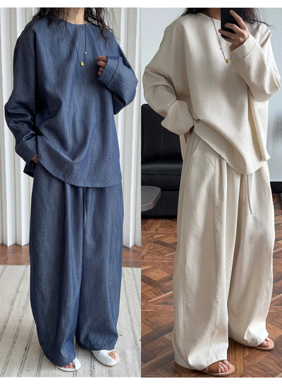 2025 Women Spring Two Pieces Suits Long Sleeve Cotton Blouses With Long Pants Wide Leg Two Pieces Sets Boho Suits Ladies Outfits