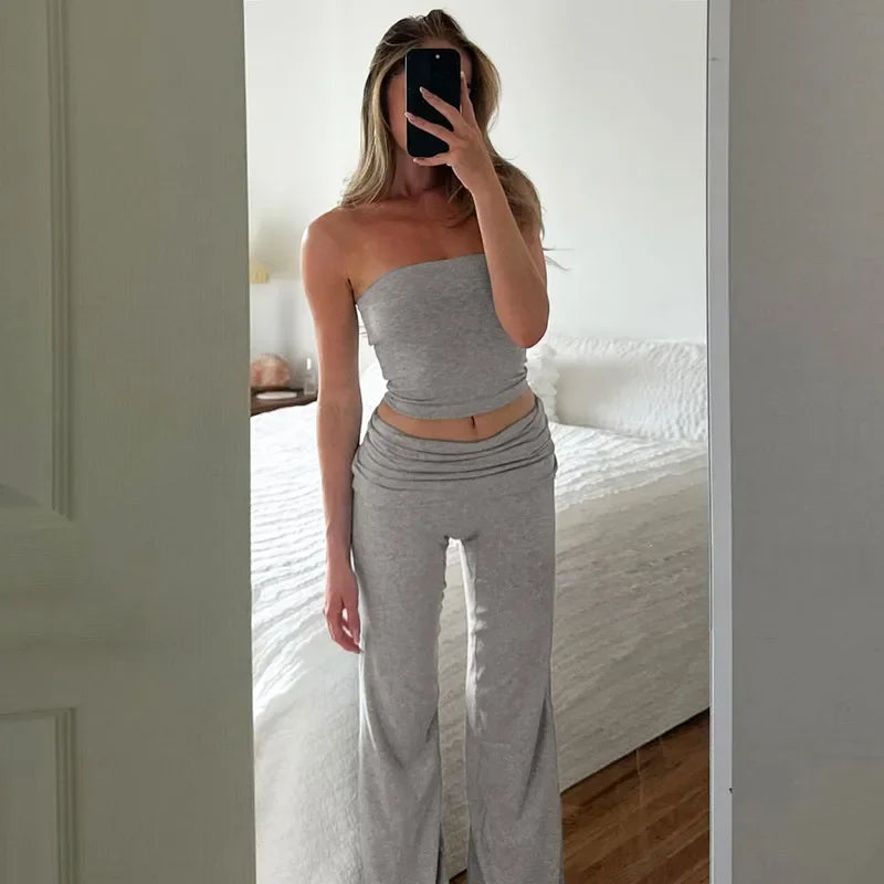 Women's Clothing 2025 Spring Fashion New Item Solid Color Strapless Top Flared Pants Fashionable Slim Fit Sports Suit for Women