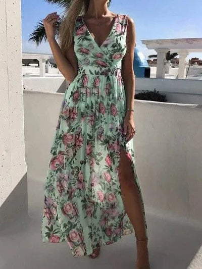 Summer Women Dress Floral Print Fashion Slim V-Neck Tie-Up Backless Chiffon Sexy Sleeveless Slit Maxi Cover-Ups Robe Beach Dress