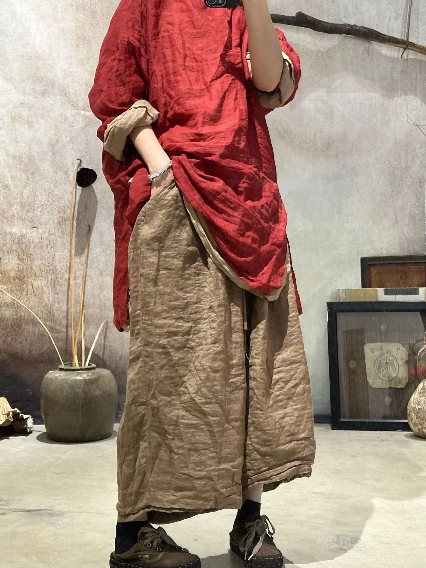 Women Wide Leg New 2025 Spring Summer Double Layer Ramie Pants Elastic Waist Ladies Retro Free Trousers High Quality Original