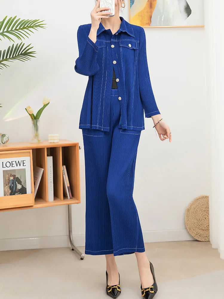 Wrinkle fashion casual suit for women high-end and casual loose fit plus size shirt collar top straight leg pants [20240514]