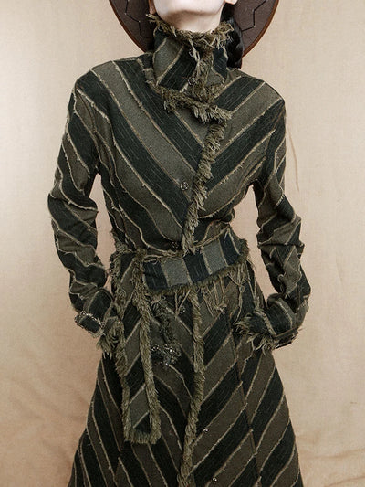[Vibe] Women Blue Striped Burr Denim Long Trench New Turtleneck Long Sleeve Windbreaker Fashion Tide Spring Autumn 2025