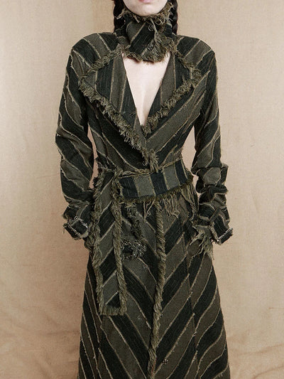 [Vibe] Women Blue Striped Burr Denim Long Trench New Turtleneck Long Sleeve Windbreaker Fashion Tide Spring Autumn 2025