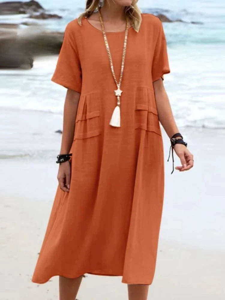2025 Summer Fashion New Women's Elegant Long Cotton and Hemp Dress Round Neck Vacation Short Sleeve Medium Long Dress