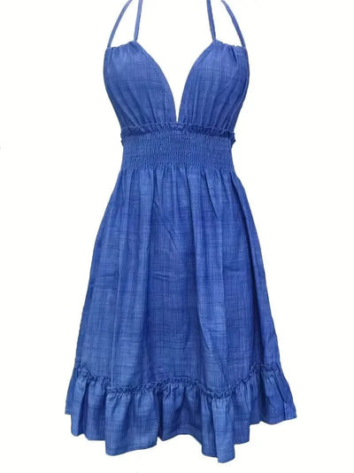 Summer Dresses For Women Trendy Solid Boho Dress V Neck Sleeveless Halter Backless Sundress Ruffles Holiday Beach Dresses