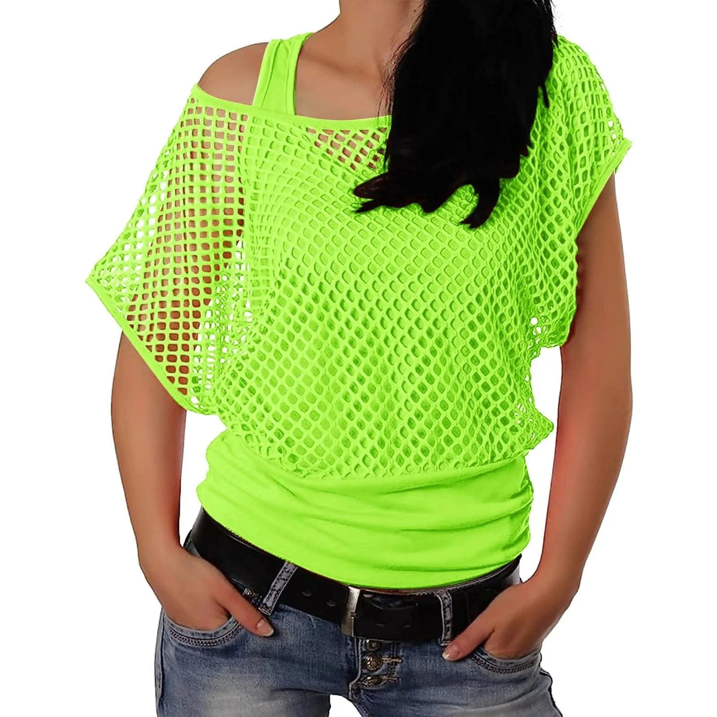 Women Shirts 80s Neon Fishnet Mesh Top Off Shoulder Tops