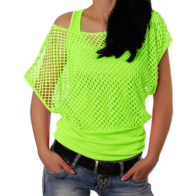 Women Shirts 80s Neon Fishnet Mesh Top Off Shoulder Tops