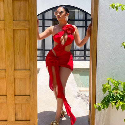 2025 Red Flower Swimsuit With Cover Up Desire Swim Suit Luxury Women Swimwear Sexy Hollow Bikini Beachwear Bodysuit Bathingsuit