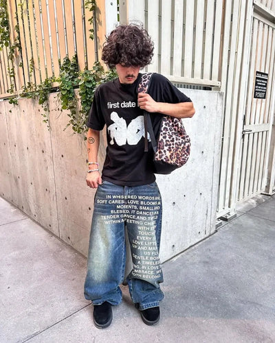 Y2K men Jeans gothic American Pattern letter jeans vintage Casual men women Harajuku Fashion streetwear Hip Hop wide leg jeans