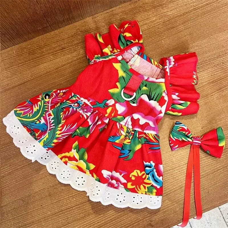 Pet Dog Clothes for Small Dogs Summer Dog Dress Fashion Print Puppy Princess Skirt Cute Flying Sleeve Cat Dress Pet Dog Costumes