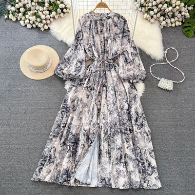 Retro Elegant Sashes O Neck Single Breasted Print Dresses Long Lantern Sleeves A-line Casual High Waist Women Autumn Clothing