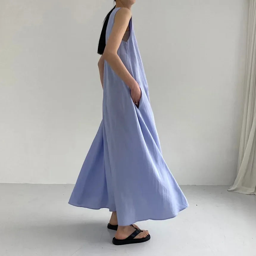 REALEFT Summer Women Maxi Dress 2024 New Solid Color Elegant Pockets Loose Waist Sleeveless Casual Summer Dresses Female