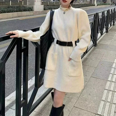 Korean Fashion with Belt Short Dress Women Vintage Long Sleeve Knitted Dresses Female 2025 New Loose Pocket Solid Basic Dresses
