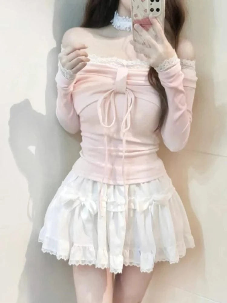 Design Sweet Off Shoulder Pink T-Shirts Women
