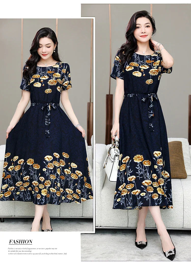 New Fashion 2024 Print Summer Dresses For Women Short Sleeve O-Neck Elegant Summer Dress Woman Clothing