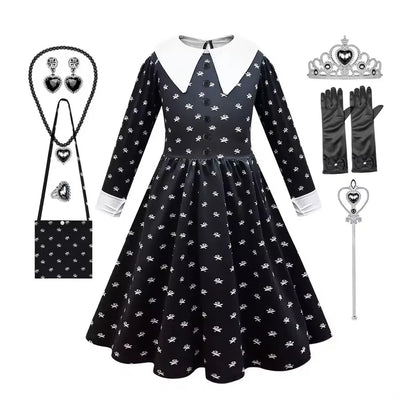 Black Dress Girls TV Series Role Playing Halloween Costume Toddler Adams Weirdo Family Cosplay Apparel