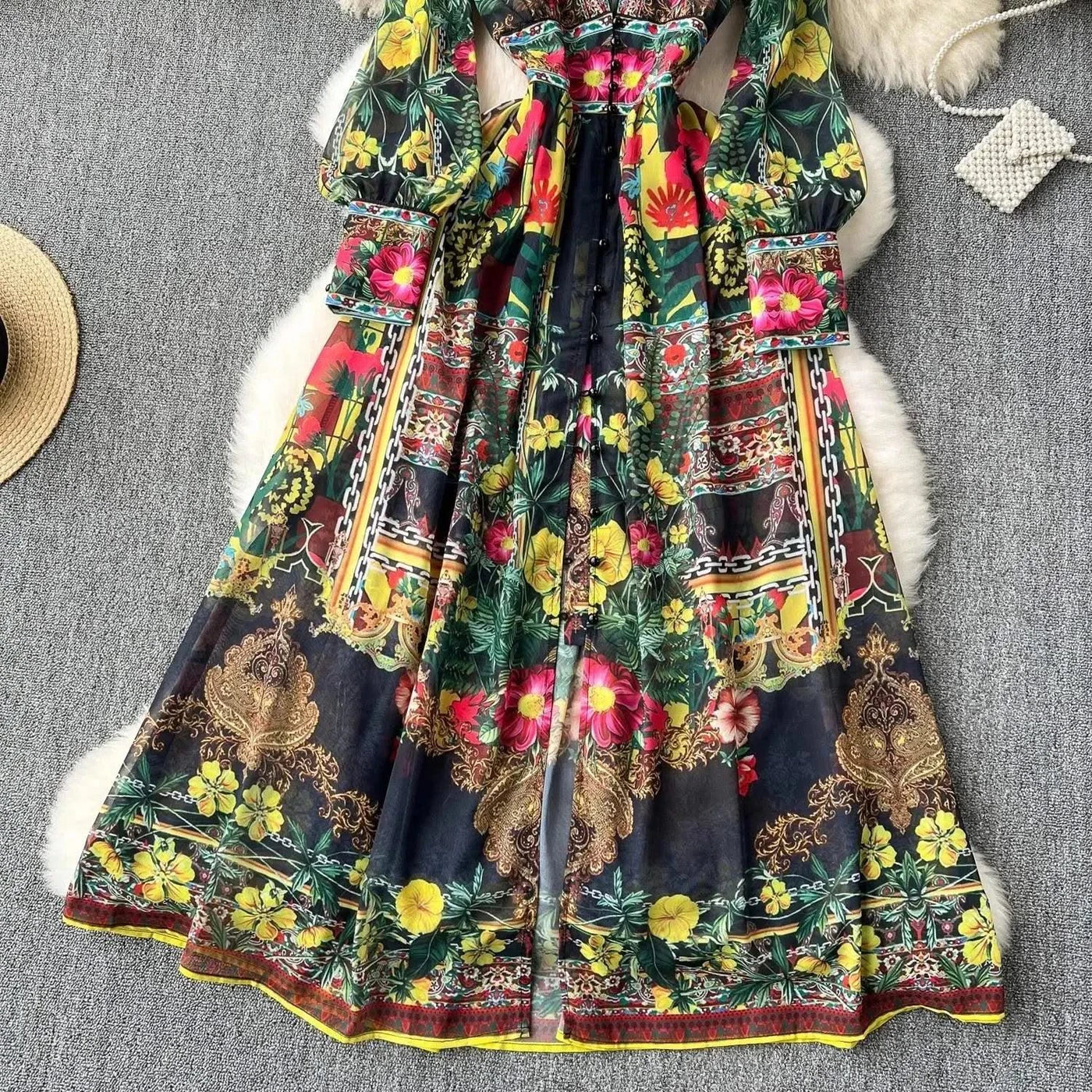Summer Gorgeous Flower Dress Women Chiffon Clothing Sexy Deep V Neck Single Breasted Floral Print Beach Boho Long Robe Vestidos