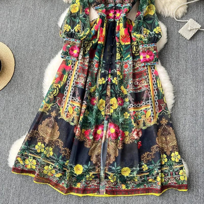 Summer Gorgeous Flower Dress Women Chiffon Clothing Sexy Deep V Neck Single Breasted Floral Print Beach Boho Long Robe Vestidos