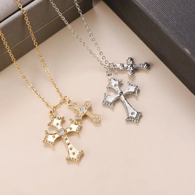 Retro Stereo Double Cross Pendants Long Necklace Baroque Court Sweater Chain for Women Fashion Gothic Jewelry Accessory Gifts