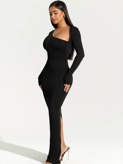 Sexy Black Evening Party Dress Women Elegant Fall Winter Outfits Asymmetrical Long Sleeve Night Club Party Split Maxi Dresses