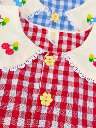 Rabbit Embroidery Cherry Lace Checkered  Peter Pan Collar Dress For Toddler |Girl  1-4Y Infant Girl Princess Dress|New Arrival