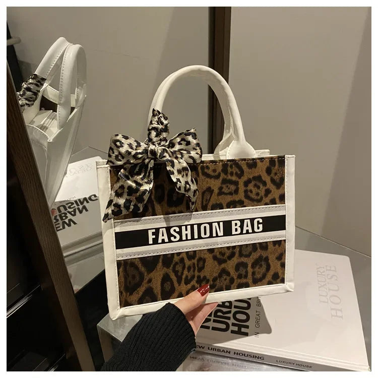 Fashion Leopard Print Top-handle Bags For Women, Bow Ribbon Decoration Designer Handbags Ladies Casual Tote