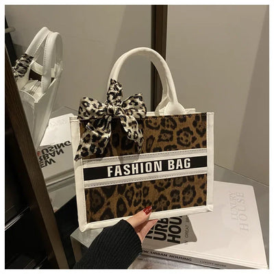 Fashion Leopard Print Top-handle Bags For Women, Bow Ribbon Decoration Designer Handbags Ladies Casual Tote