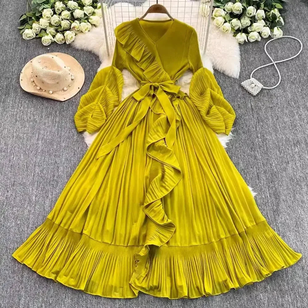 Women's V Neck Ruffles Splice Lantern Sleeve High Stretch Oversized Dresses Miyake Maxi Pleated 2025 Spring Long Party Clothing
