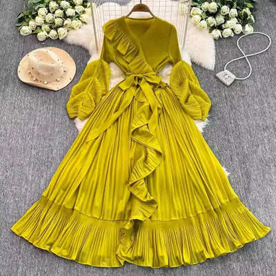 Women's V Neck Ruffles Splice Lantern Sleeve High Stretch Oversized Dresses Miyake Maxi Pleated 2025 Spring Long Party Clothing
