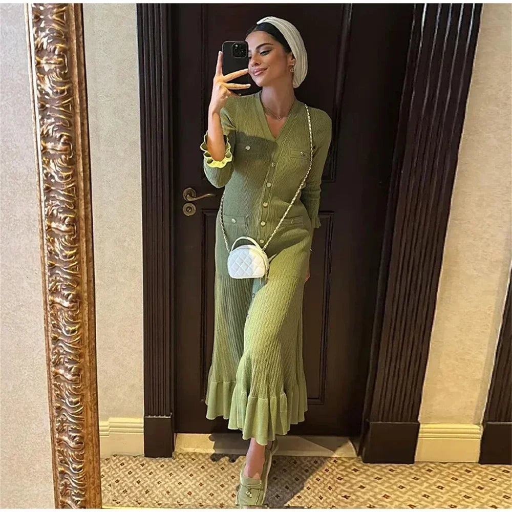 Ruffles Hem Knitted Dress For Women Elegant V Neck Long Sleeve Single Breasted Loose Vestidos Fashion Office Lady Knit Robe
