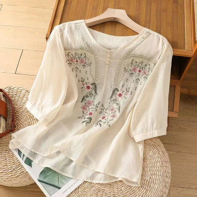 Cotton and Linen V-neck Embroidered Shirt for Women, Summer Thin Style Loose Medium Sleeves Small Shirt Top