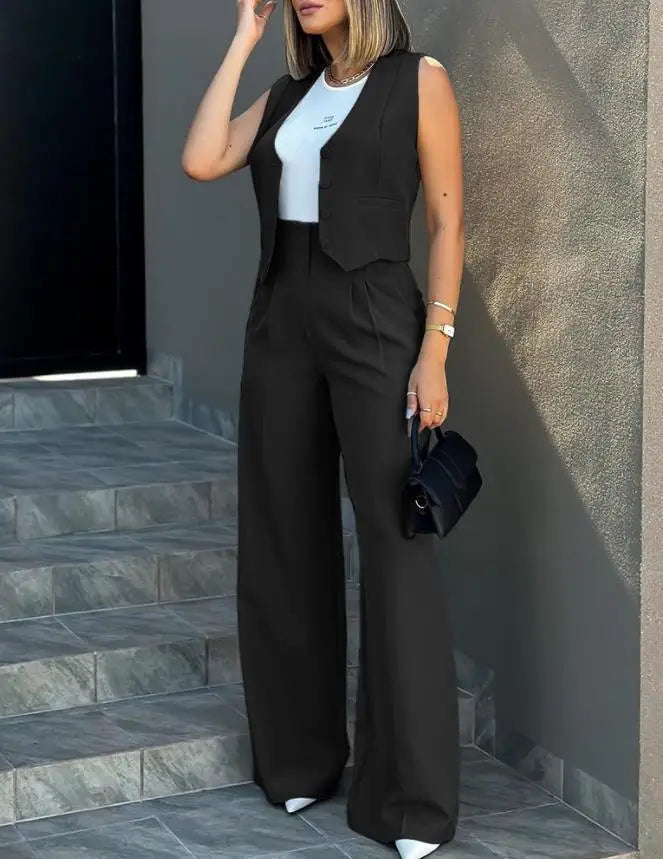 Trousers Suit Women's Vest Trousers Suit Elegant Loose Regular Work Suit High Waist Wide-leg Trousers 2-piece Street Suit