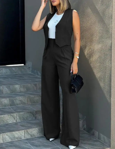 Trousers Suit Women's Vest Trousers Suit Elegant Loose Regular Work Suit High Waist Wide-leg Trousers 2-piece Street Suit