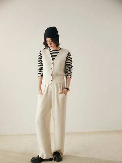 ADDONEE Women 100% Cashmere Pants Pleated Waist Wide Leg Pants Casual Simple Style Autumn Winter Cashmere Knit Trousers Luxury