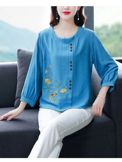 Summer Cotton Linen Embroidery Loose Casual Blouse Lady 3/4 Sleeve Vintage All-match Top Women Fashion Oversized Elegant Shirt